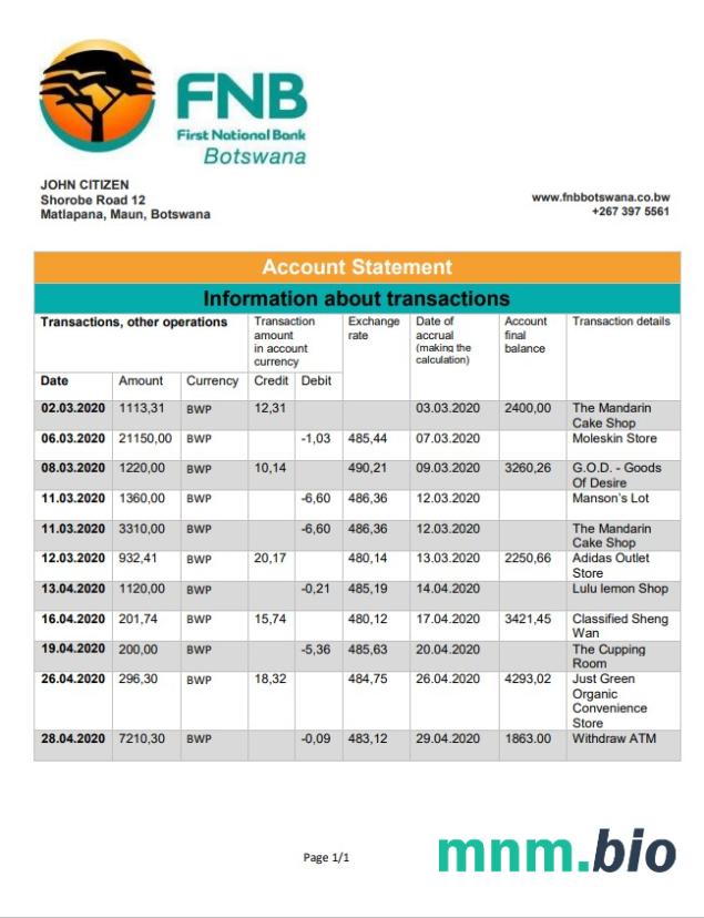 Botswana FNB Botswana wyciągu bankowego szablon w .xls i .format pliku pdf